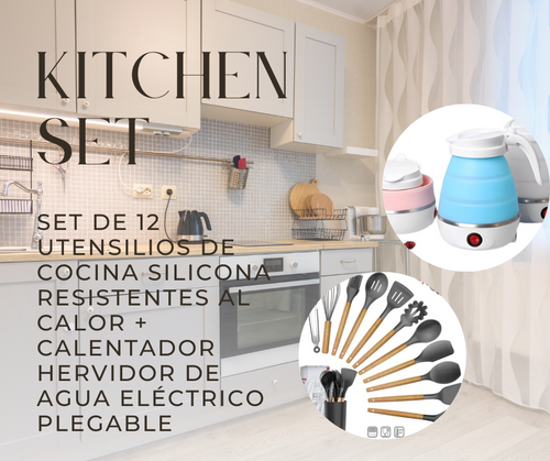 Kit de Cocina: 12 Utensilios de Silicona + Hervidor Eléctrico Plegable - Eikyo